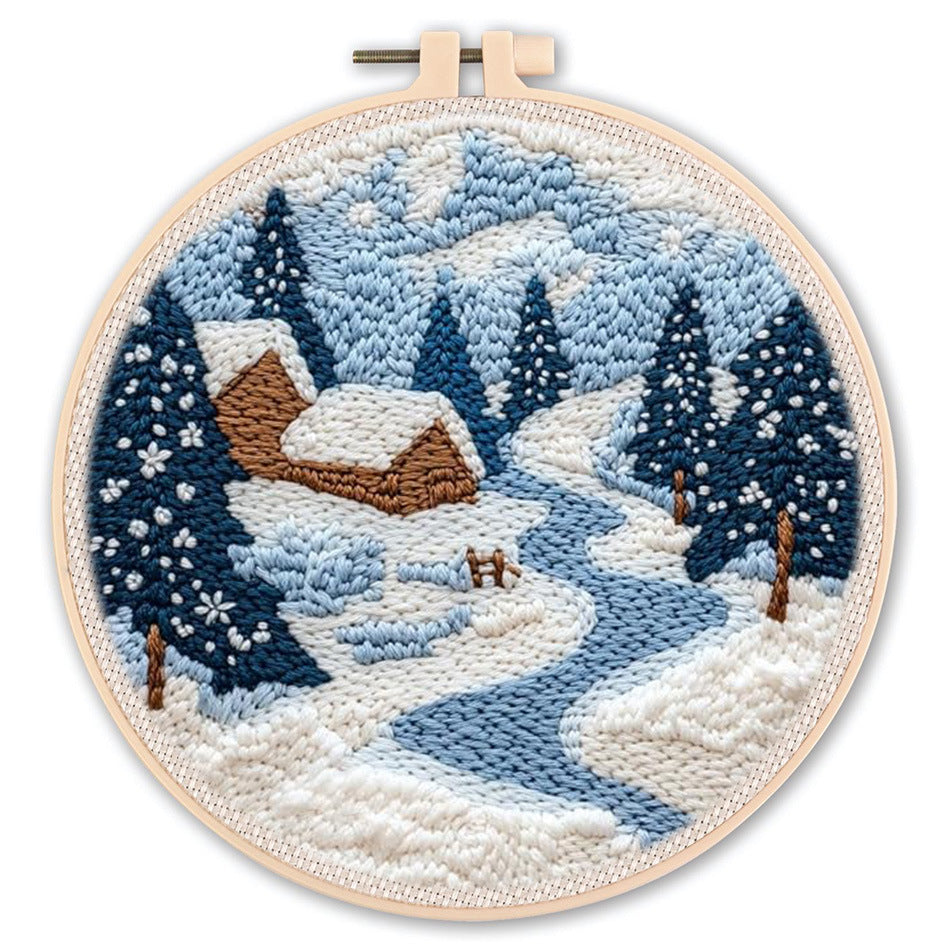 DIY Beginner-Friendly Punch Needle Kit - Round Scenic Landscape Pattern, 20cm Hoop