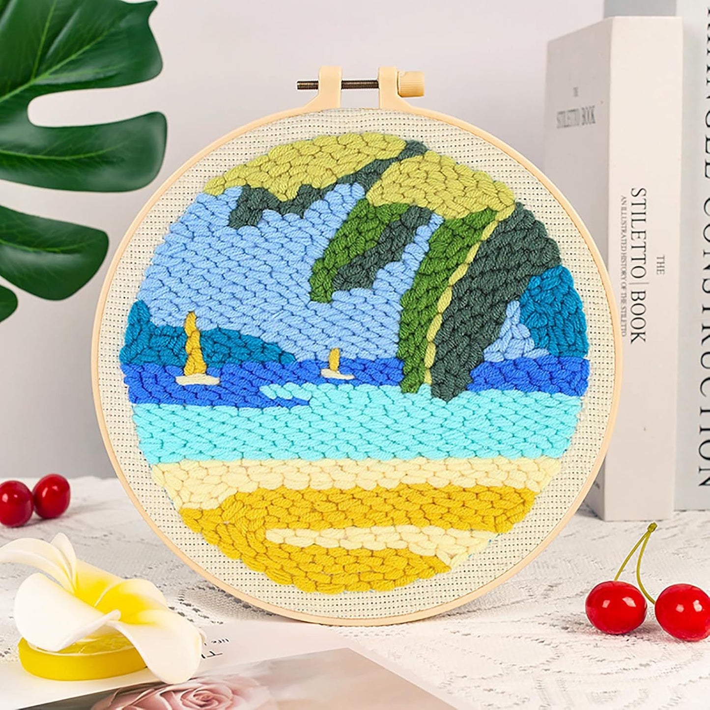 DIY Beginner-Friendly Punch Needle Kit - Round Scenic Landscape Pattern, 20cm Hoop