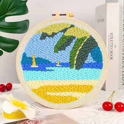 DIY Beginner-Friendly Punch Needle Kit - Round Scenic Landscape Pattern, 20cm Hoop