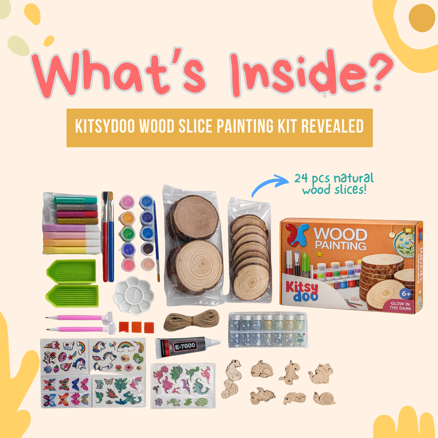 Kitsydoo Wood Slice Painting Kit (128+ Pcs) – Glow Paint, Gems & Hanging Ornaments