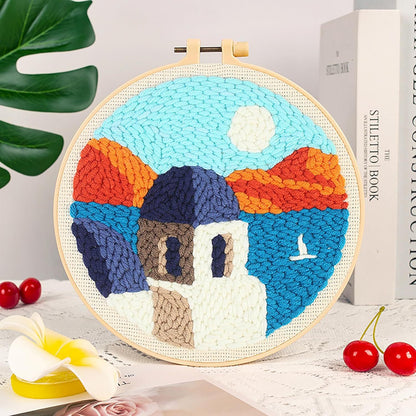 DIY Beginner-Friendly Punch Needle Kit - Round Scenic Landscape Pattern, 20cm Hoop