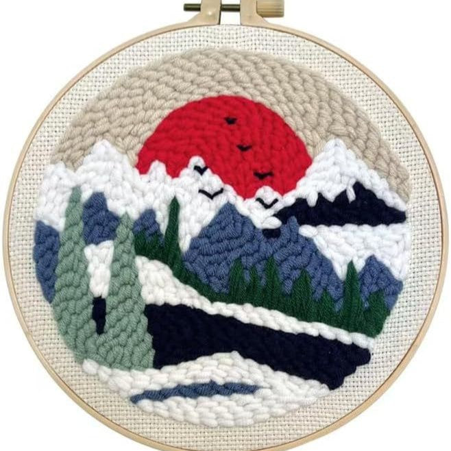 DIY Beginner-Friendly Punch Needle Kit - Round Scenic Landscape Pattern, 20cm Hoop