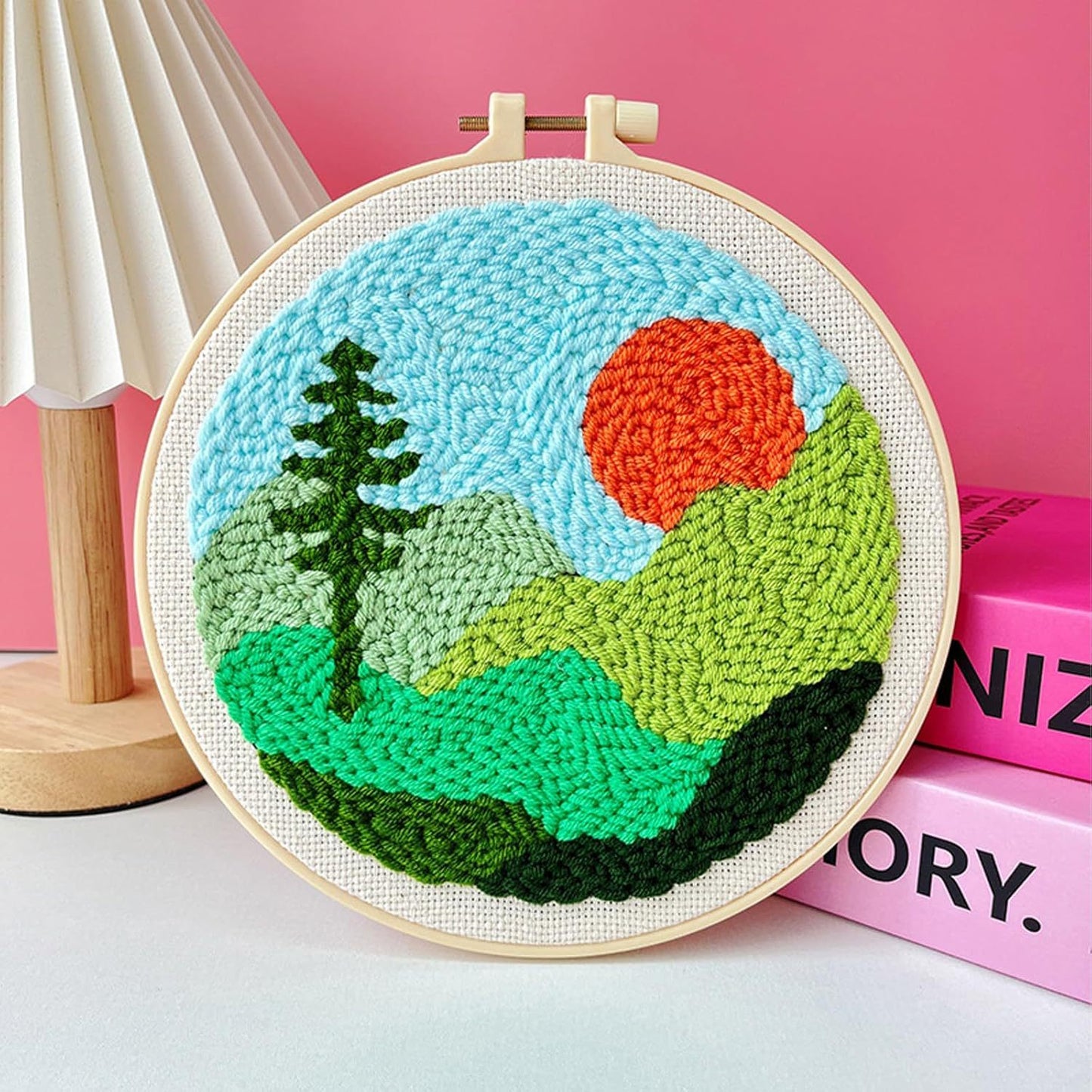 DIY Beginner-Friendly Punch Needle Kit - Round Scenic Landscape Pattern, 20cm Hoop