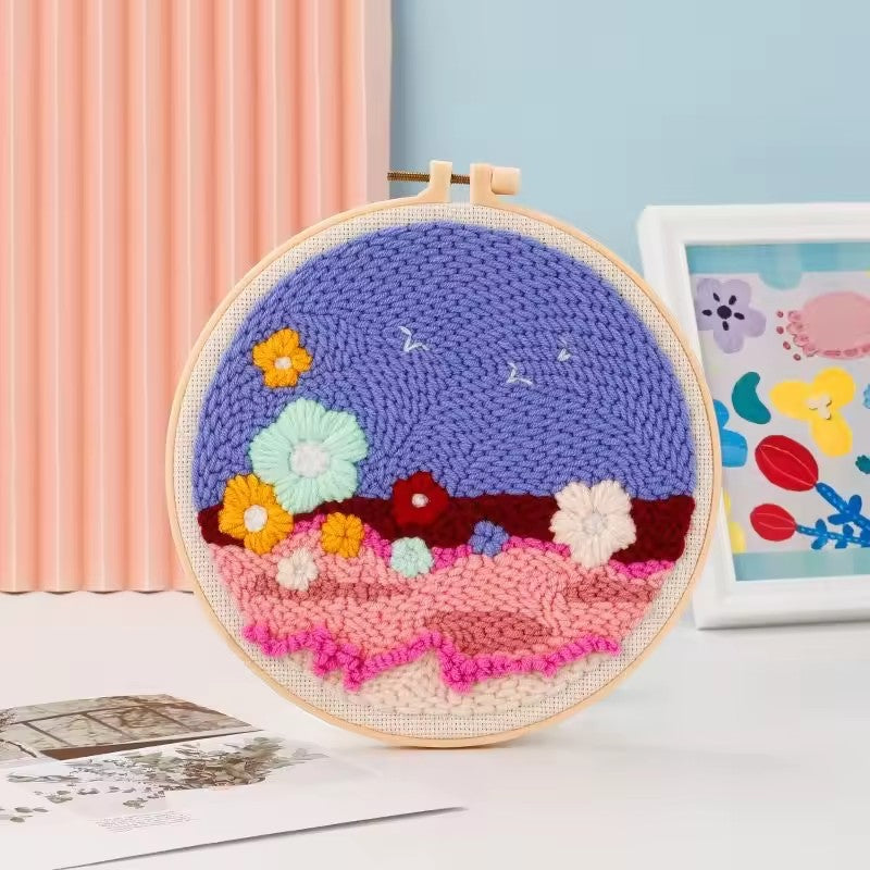 DIY Beginner-Friendly Punch Needle Kit - Round Scenic Landscape Pattern, 20cm Hoop