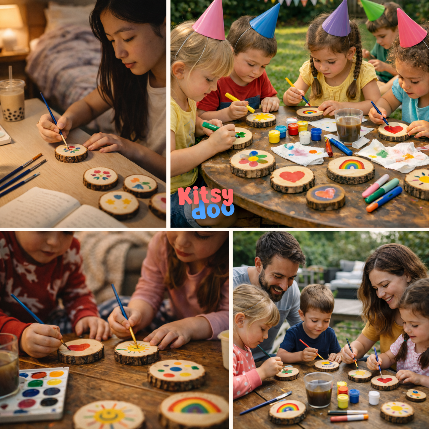 Kitsydoo Wood Slice Painting Kit (128+ Pcs) – Glow Paint, Gems & Hanging Ornaments