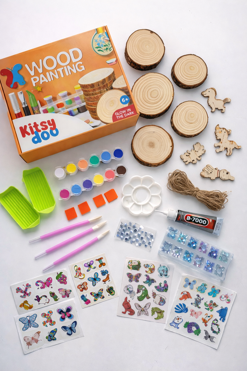 Kitsydoo Wood Slice Painting Kit (128+ Pcs) – Glow Paint, Gems & Hanging Ornaments