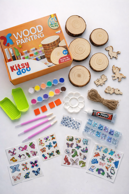 Kitsydoo Wood Slice Painting Kit (128+ Pcs) – Glow Paint, Gems & Hanging Ornaments