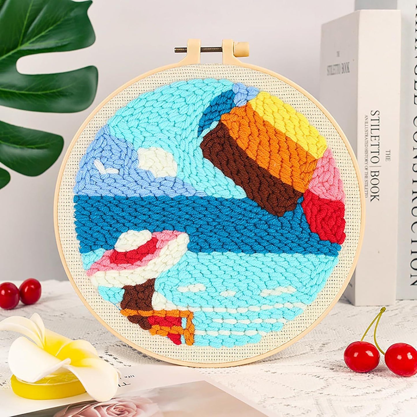 DIY Beginner-Friendly Punch Needle Kit - Round Scenic Landscape Pattern, 20cm Hoop